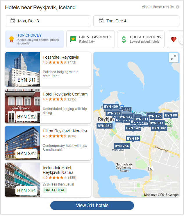 تغییر نمایش نتایج مربوط به هتل ها در گوگل