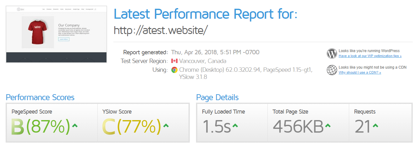 داده های GTmetrix قبل از تست