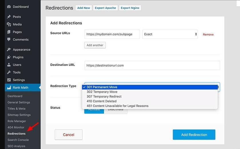 مدیریت ریدایرکت ها در افزونه Rank Math Pro