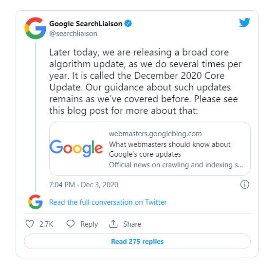 توییت گوگل درباره core algorithm updates