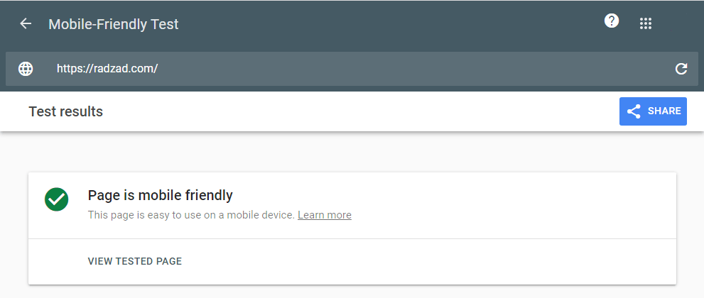 تست وب سایت رادزاد در ابزار Mobile-Friendly Test گوگل