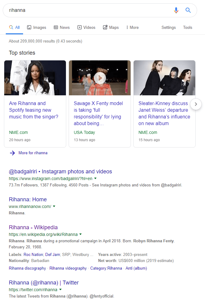 جستجوی عبارت Rihanna در گوگل