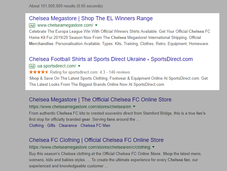 تبلیغ گوگل برای Chelsea fan shop