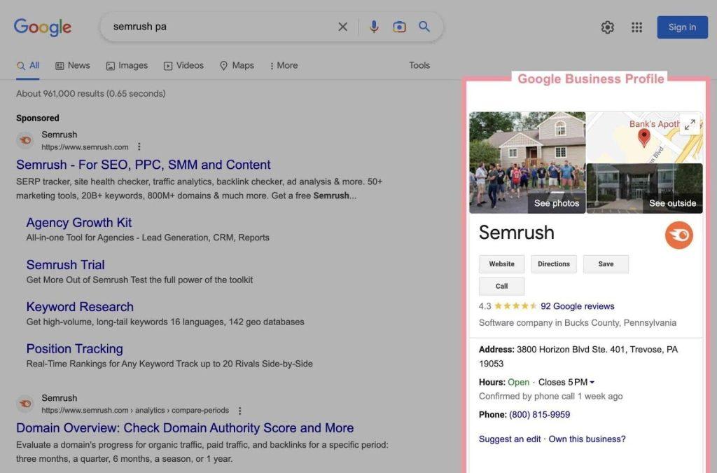 پروفایل کسب و کار گوگل برای Semrush