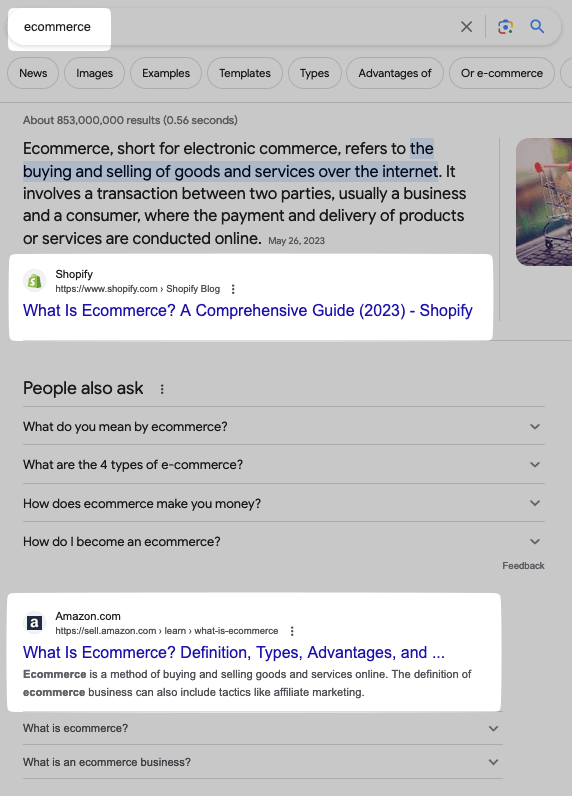 تصویر نتایج گوگل برای Shopify و آمازون که زیر جستجوی "تجارت الکترونیک" برجسته شده