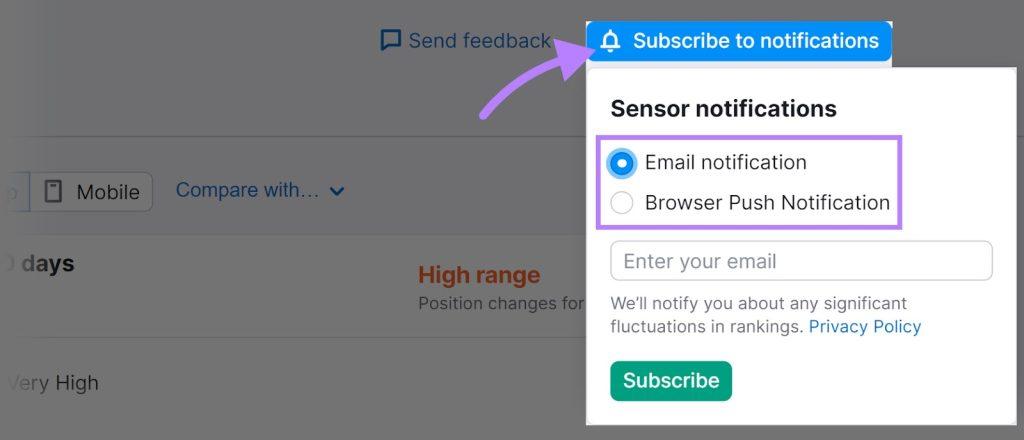 تصویر دکمه "اشتراک در اعلان‌ها" در Semrush Sensor
