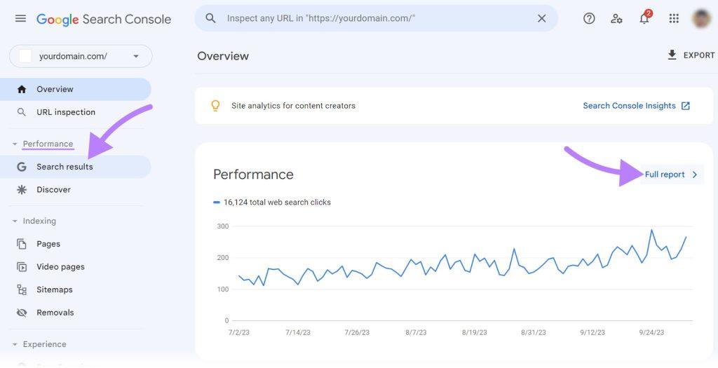 تصویر دکمه "گزارش کامل" که کنار نمودار "عملکرد" در Google Search Console انتخاب شده