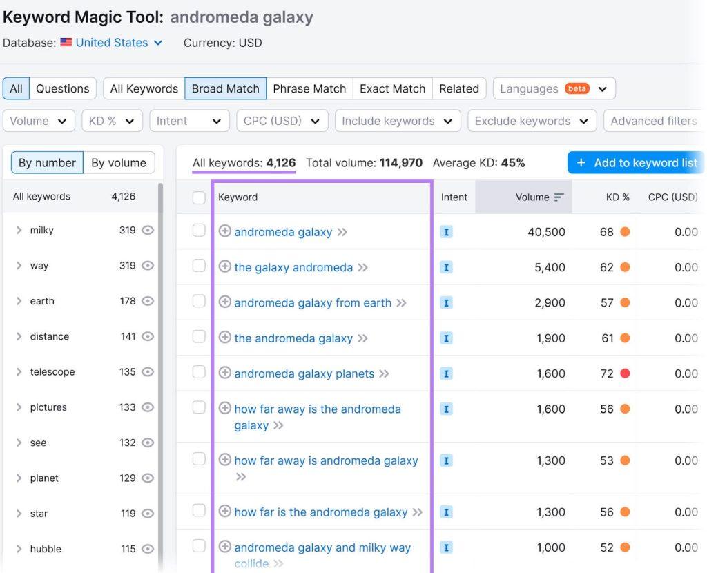 نتایج Keyword Magic Tool