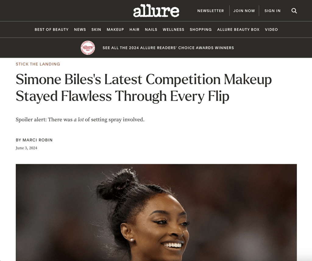 تصویر مقاله غیر YMYL Allure درباره روتین آرایشی Simone Biles