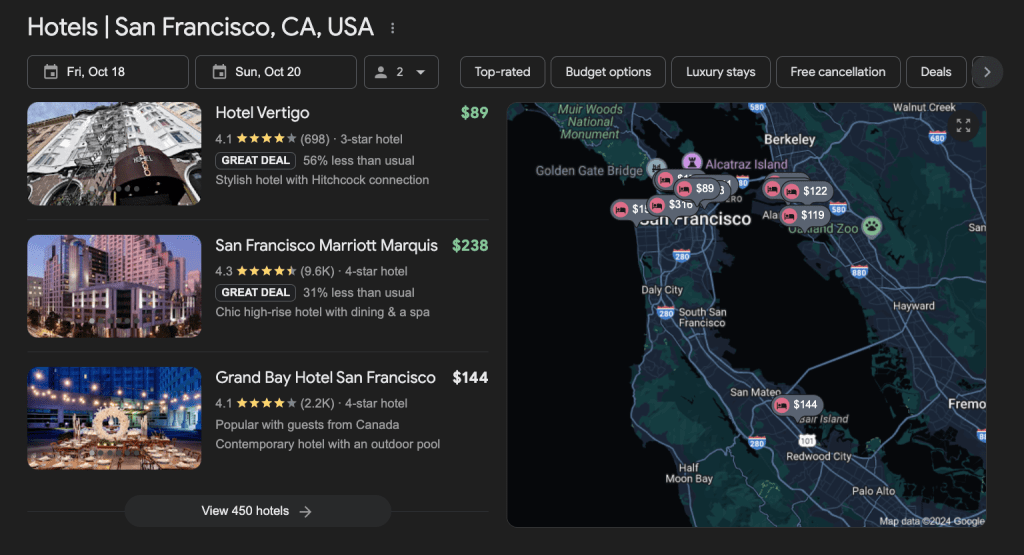 جستجوی گوگل برای هتل‌های سانفرانسیسکو