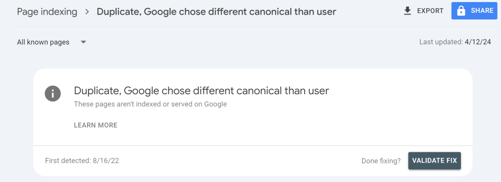 خطای "Duplicate, Google chose a different canonical than user" در گزارش ایندکس صفحات سرچ کنسول