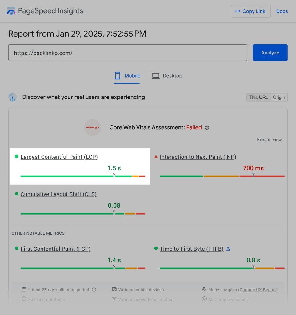 داشبورد Google PageSpeed Insights
