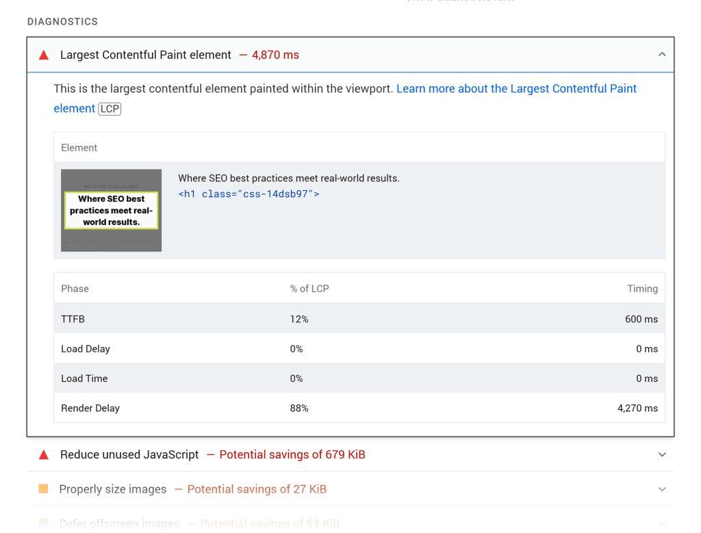 جزئیات عنصر LCP در PageSpeed Insights
