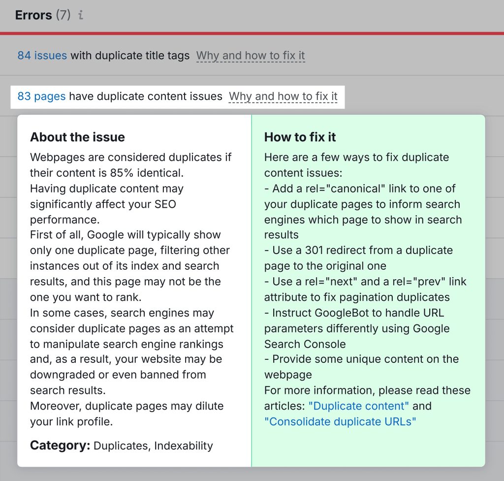 گزارش خطاهای Site Audit سمراش که مشکل محتوای تکراری را توضیح داده و راه‌حل‌هایی مانند استفاده از تگ کنونیکال را پیشنهاد می‌دهد