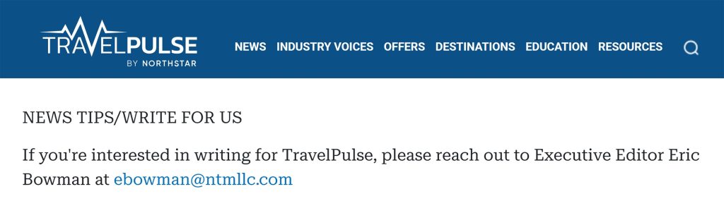 صفحه "برای ما بنویسید" وب‌سایت TravelPulse