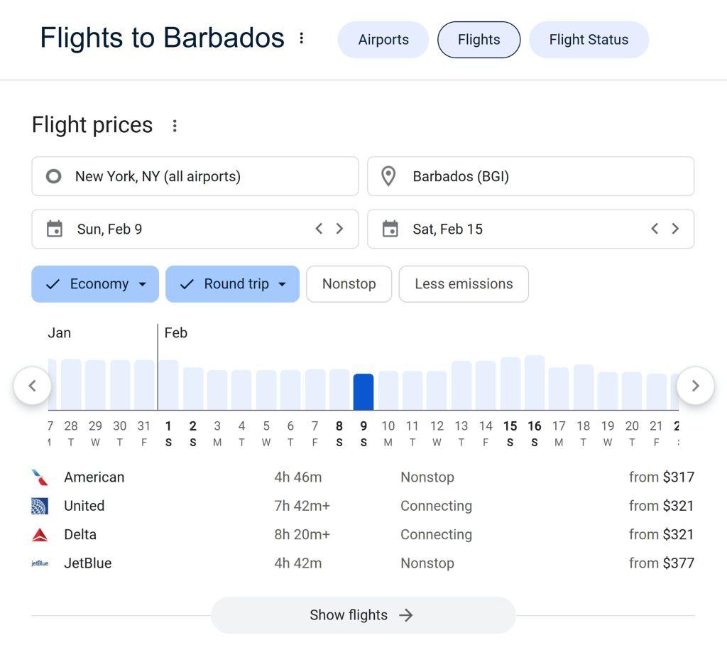 رابط کاربری Google Flights برای جستجوی پرواز به باربادوس