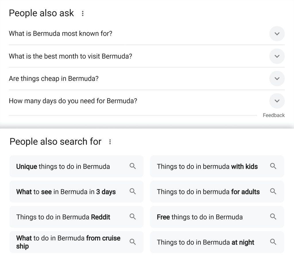 بخش People Also Ask و People Also Search For برای جستجویی مرتبط با برمودا